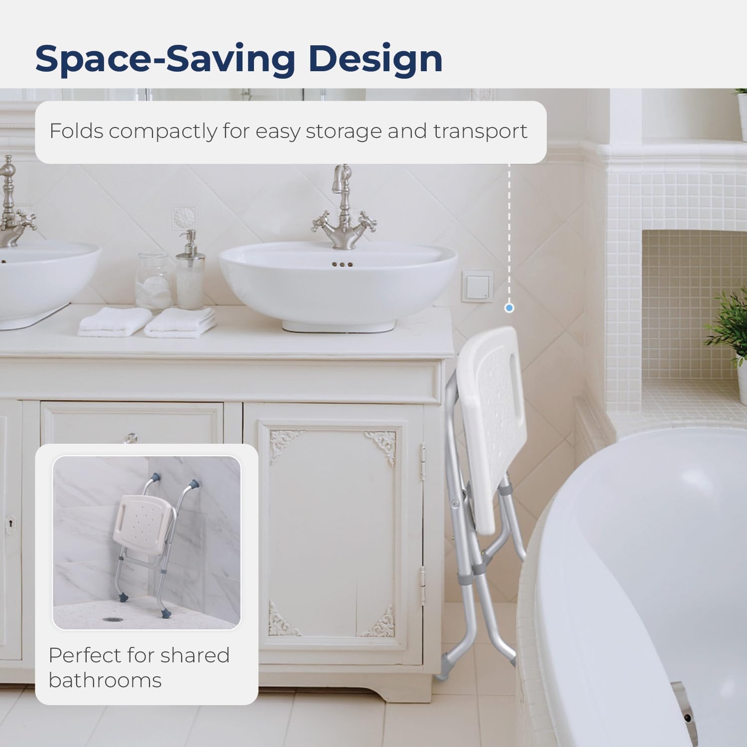 Drive Medical 12486 Folding Shower Chair, Bath Bench with Drainage Holes and In-Seat Handles, Supports Users Up To 300 Pounds, White