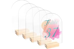 Bercoor 5 Pack 5x7 Inch Blank Clear Arch Acrylic Sign with Wooden Stands, Arched Round Top Acrylic Sheet, DIY Acrylic Arch Table Numbers for DIY Name Card Gifts Event Party Sign Decoration