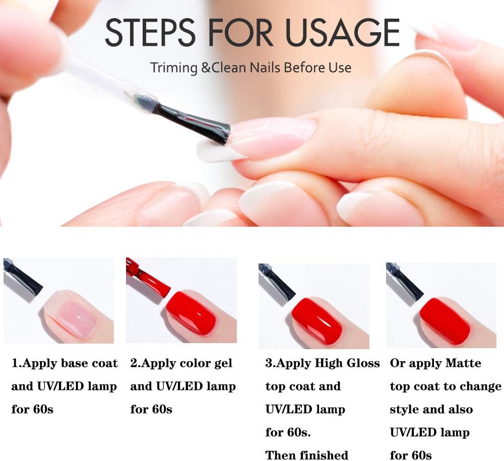 Gel Nail Polish Base and Top Coat - No Wipe Top Coat Matte & High Gloss Top Coat, UV/LED Soak Off Gel Nail Polish Kit for Home Nail DIY and Salon Use (3 x 15ml): Health & Personal Care