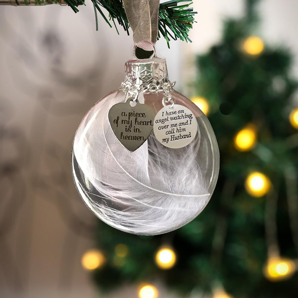 Photo 1 of ***MISSING HEART AND CIRCLE PIECES*
Memorial Ornaments Christmas Clear Feather Ball, A Piece of My Heart is in Heaven, Sympathy Gift for Loss of Loved One (Husband)