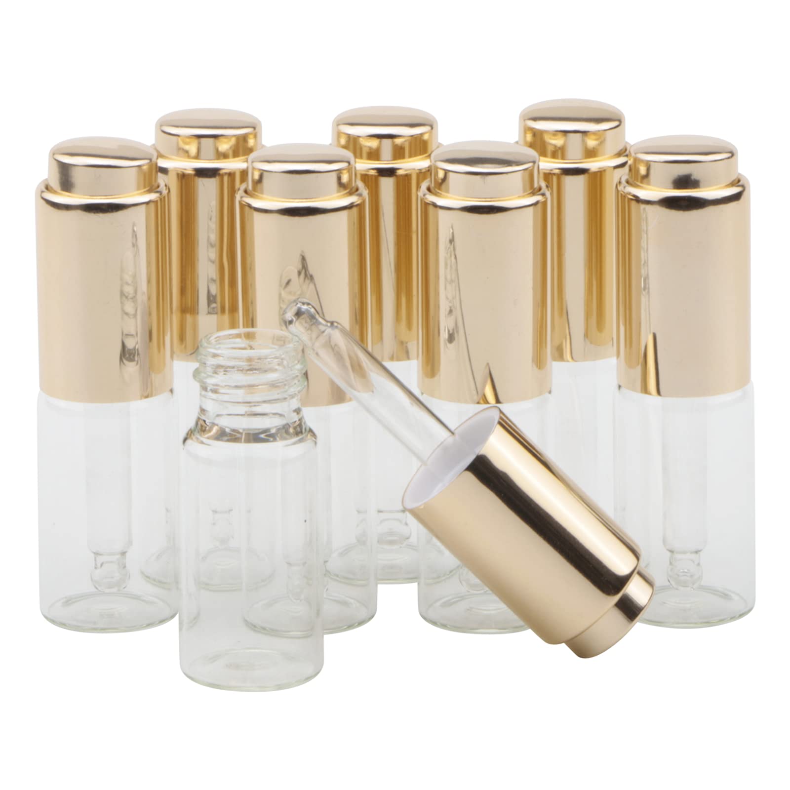 Pxyelec 8 Pcs 10 ML Transparent Glass Dropper Bottle with Golden Pressure Pump 0.3oz Refillable Essential Oil Portable Cosmetic Container for Travel Daily Life