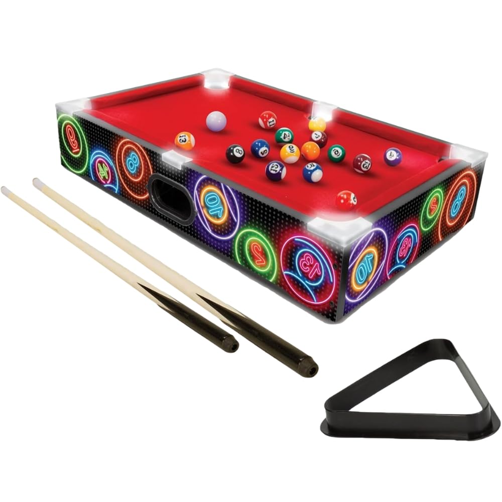 HTUK LED Tabletop Pool Table Game – Compact Light-Up Billiards & Mini Snooker Set for Kids & Teens – Includes Cues, Balls, Triangle Rack & Chalk – Indoor Gift Idea