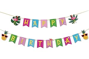SUNBEAUTY Tropical Happy Birthday Banner Colorful Hawaiian Luau Birthday Banner Flamingo Pineapple Palm Leaf Banner for Summer Birthday Party Decorations Supplies | Pre-Strung