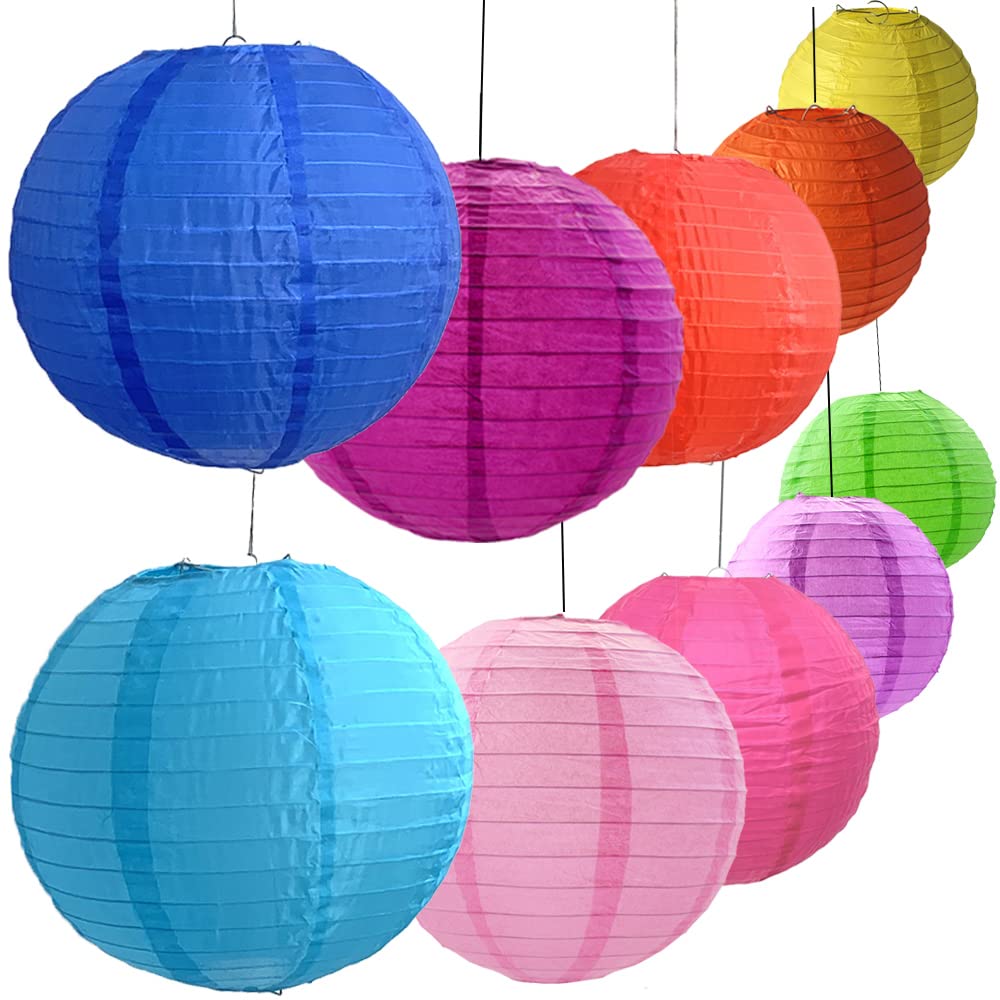 Chinese Round Lanterns, 20 Pcs Round Colorful Paper Lantern, Colorful Round Paper Lanterns, Paper Lanterns for Weddings, Birthdays,Parties, Rooms and Events -(4, 6, 8, 10 Inches) - 10 Colours