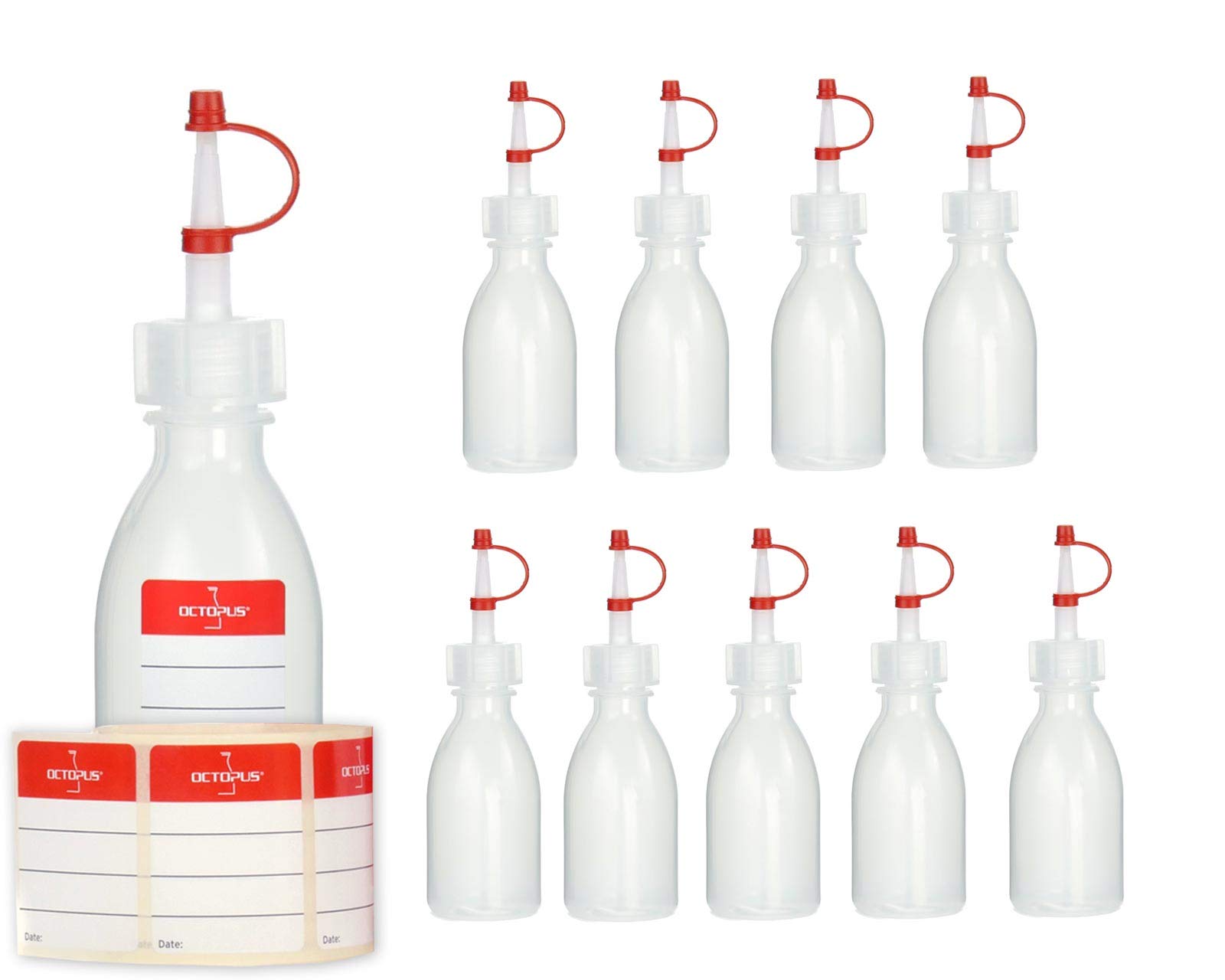 10 x 50 ml Dropper bottles plastic bottles, plastic bottles made from LDPE with wash bottle closure, laboratory bottles with drip stop, empty spray bottles with red retaining strap, incl. labels
