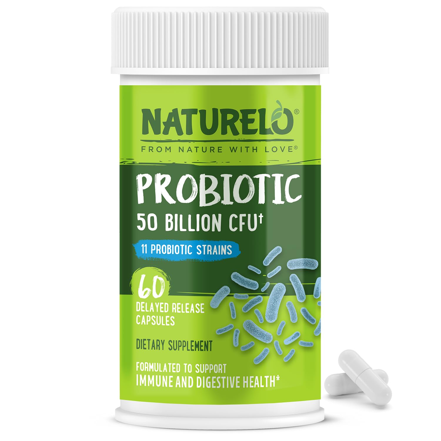 NATURELO Probiotics for Digestive Health - 50 Billion CFU, 11 Strains Daily Supplement - Boosts Immune System, Delayed Release, 60 Vegetarian Capsules