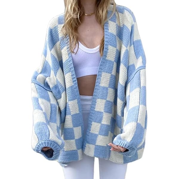 Womens Checkered Cardigan Sweater Loose Long Sleeve Open