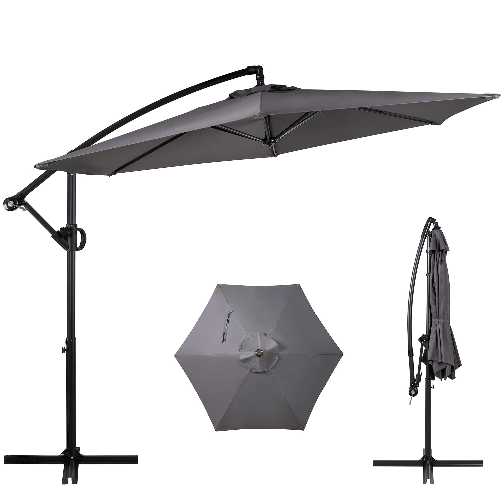 Photo 1 of Shintenchi Patio Offset Umbrella With Easy Tilt Adjustment, Crank and Cross Base, Outdoor Cantilever Hanging Sunshade Canopy, Dark Gray