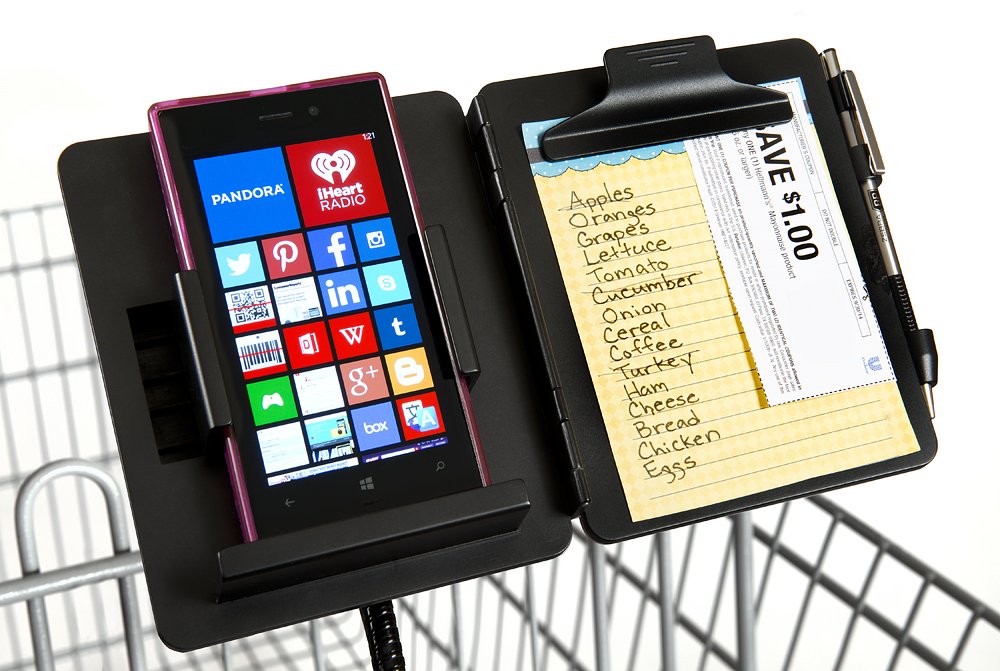 GalsShopper Black - All In 1 Shopping Organizer,1 Clip On Any Shopping Cart Handlebar,Holds Any Size Smart Phone/List/Coupons/Pen, HandsFree for Clothes,Shoes,Kids,Groceries/Compact In Handbag or Home
