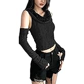 QJK Hooded Tops Off Shoulder Shirt Tight Top Crop Top with Sleeve Gothic Bodycon Top