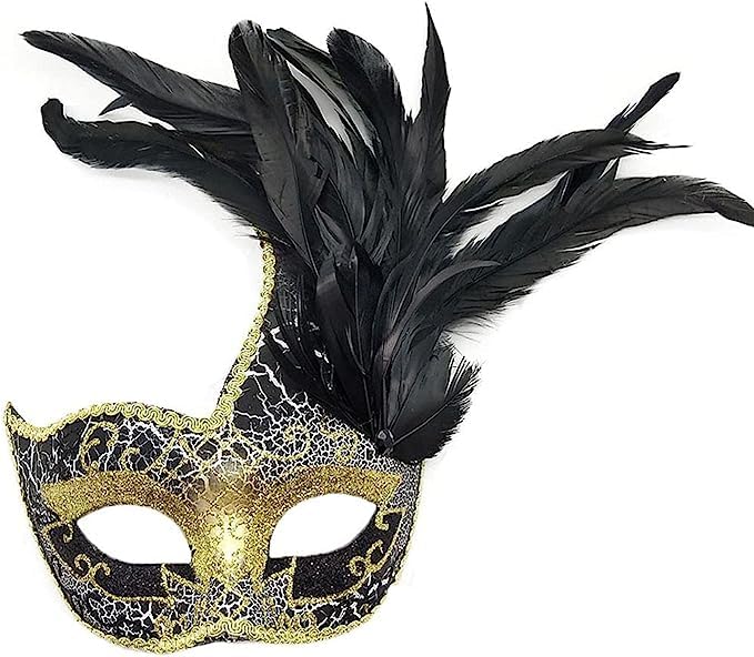 Venetian Face Cover Mask with Feather Decoration - Women's Masquerade Eye Mask for Halloween, Mardi Gras