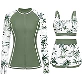 3 Piece Rash Guard for Women - Long Sleeve Swimsuits with Shorts SPF Zip up Swim Shirt with Built in Bra
