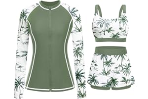 DACI 3 Piece Rash Guard for Women - Long Sleeve Swimsuits with Shorts SPF Zip up Swim Shirt with Built in Bra
