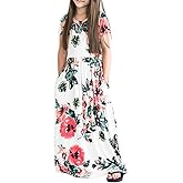 Fashspo Girl's Maxi Dress Floral Short Sleeve Dresses with Pockets Elastic Waist Holiday Casual Dress for Girls 2-10 Years