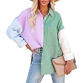 chouyatou Women's Color Block Long Sleeve Button Down Boyfriend Shirt Blouses