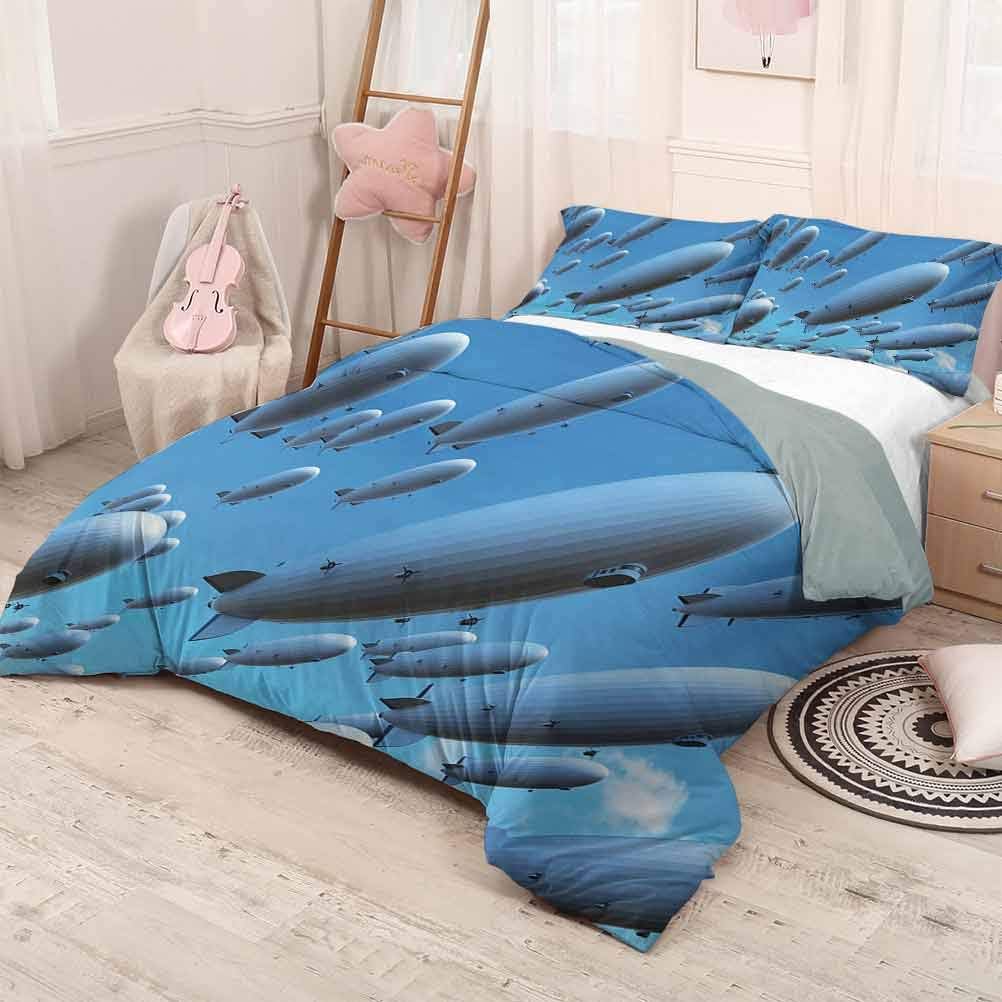 HELLOLEON Zeppelin Extra Large Quilt Cover Many Fleet Airships Flying in The Sky Aviation Flight Invasion Air Picture Print Can be Used as a Quilt Cover-Lightweight (Twin) Pale Blue