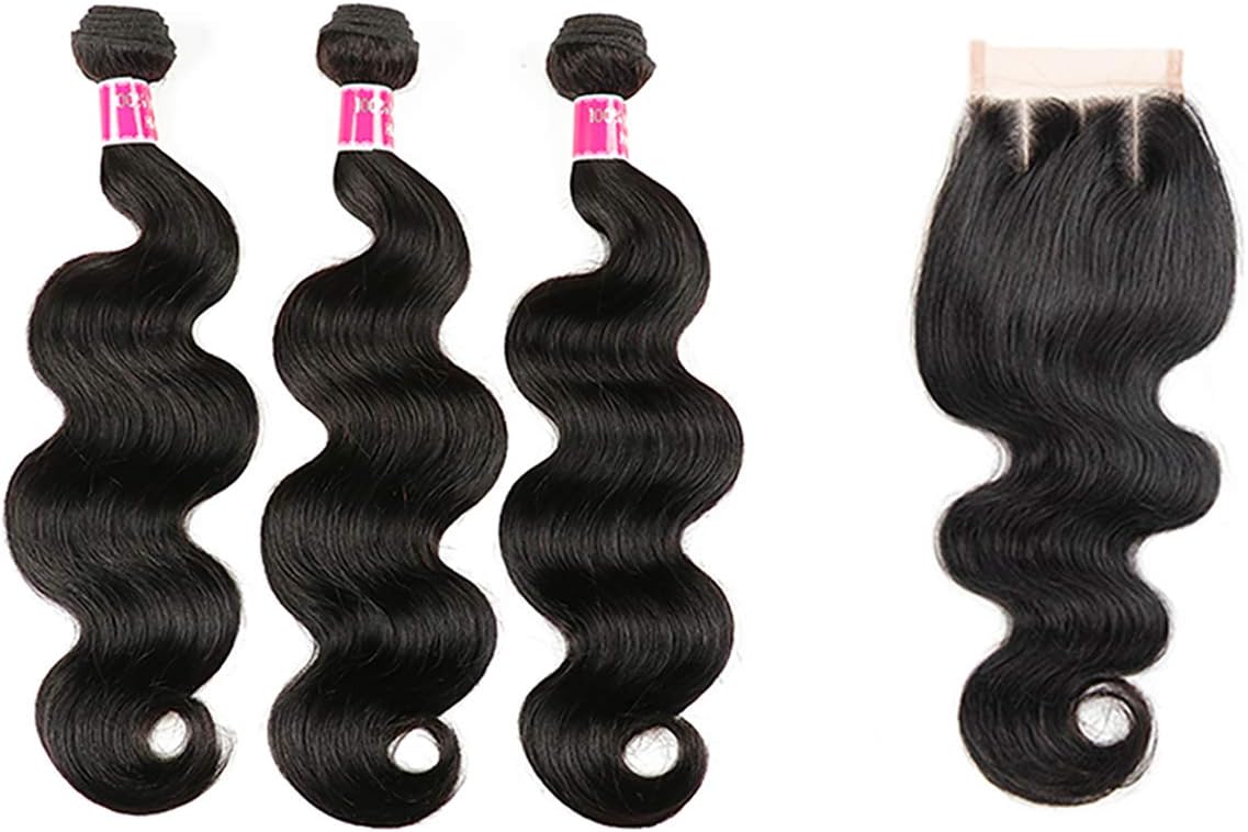 Brazilian Body Wave Bundles Deals with Closure Human Hair 3 Part Lace Closure(12 12 12+10inch,350g), 10A Brazilian Bundles with Closure 100% Unprocessed Human Hair Bundles with Closure