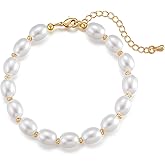 vevelota Pearl Bracelet for Women 18K Gold Plated Beaded Link Chain Dainty Bracelet with Simulated Pearl Trendy Stack