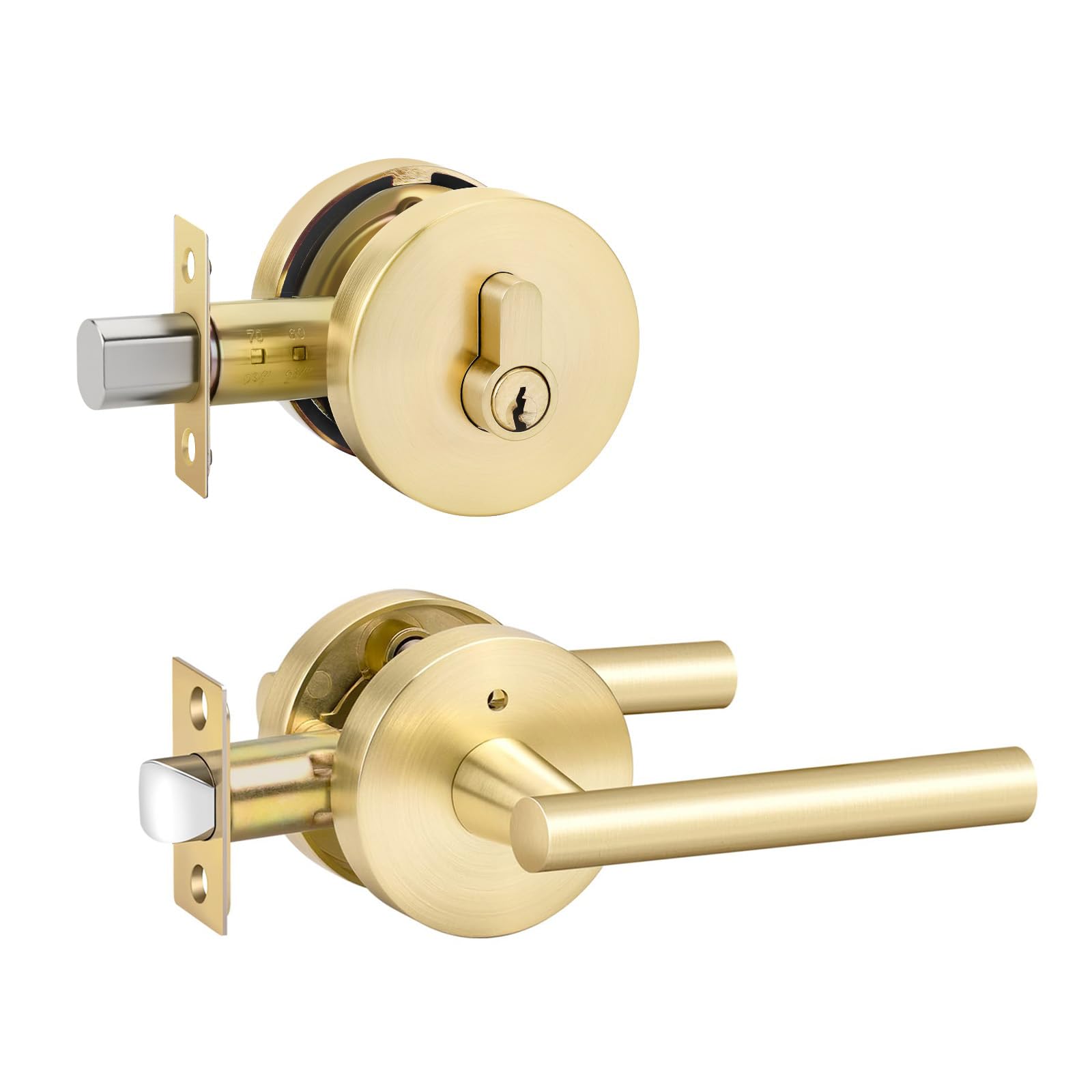 Photo 1 of goldenwarm 1 Pack Exterior Gold Door Handle with Deadbolt, Single Cylinder Deadbolt and Entry Door Handle Set,Brushed Gold Front Door Lock Set