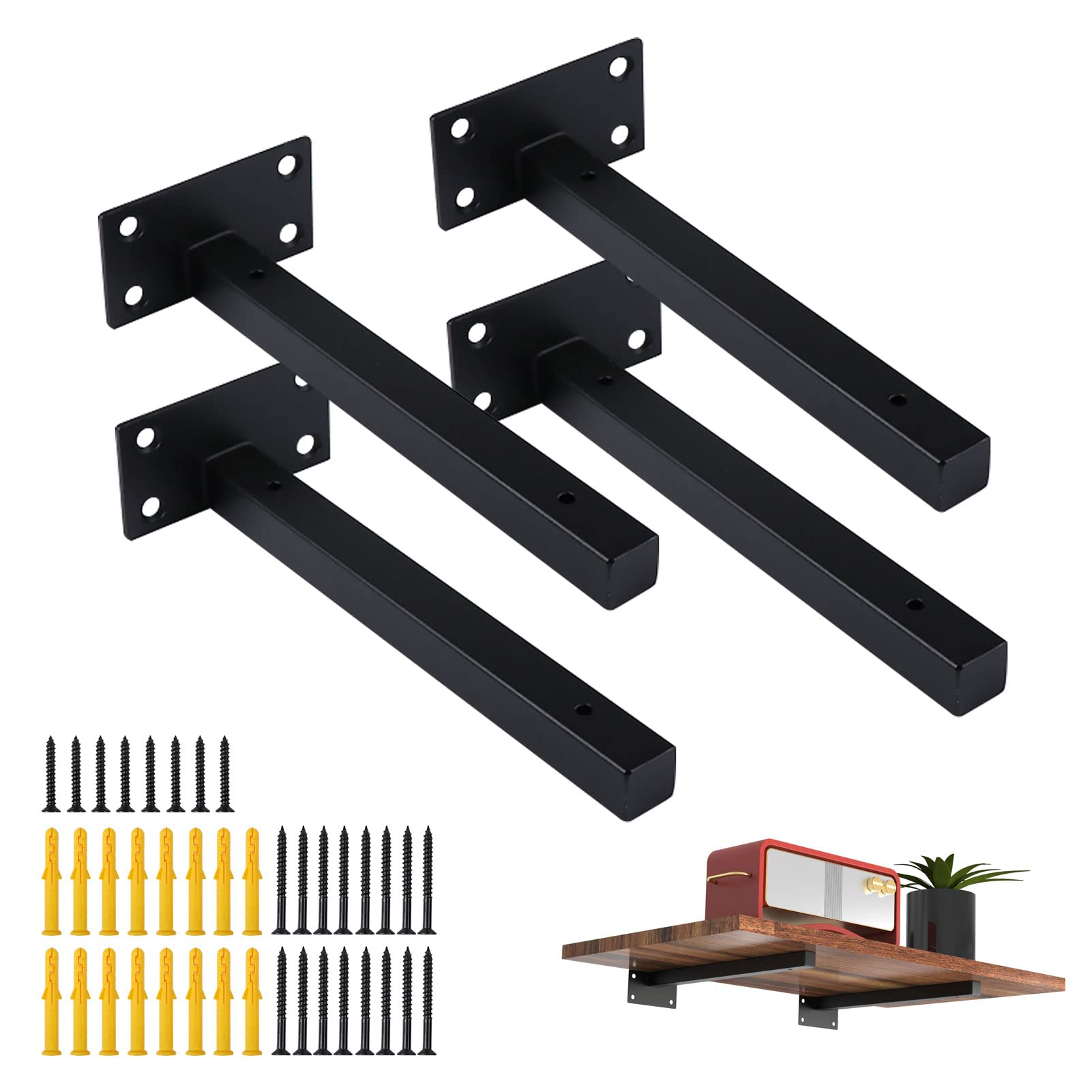 4 x 35 cm Shelf Brackets for Wall Fixing, Wall Shelf Brackets, Heavy Duty Corner Brackets, Industrial Floating Brackets, Retro Metal Fixing Trays with Black Screws