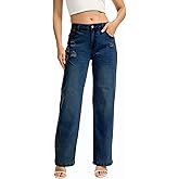 YOCUR Women's Wide Leg Ripped Mid-Rise Jeans Stretchy Straight Leg Baggy Zipper Denim Pants with Pockets