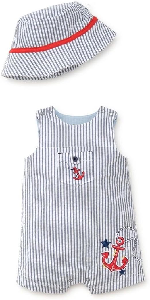 Little Me Baby Boys' Woven Sunsuit with Bucket Hat Clothing