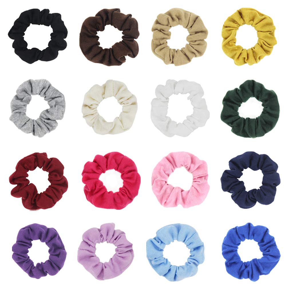 Pack of 16 Cotton Hair Scrunchies Single Jersey Solid Color Ponytail Holders Elastic Hair Ties for Girl (16 colors)