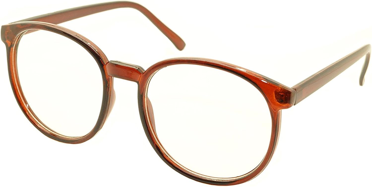 FancyG Retro Vintage Inspired Classic Nerd Round Clear Lens Glasses Eyewear - Brown: Clothing