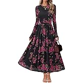 MEROKEETY Women's Long Sleeve Spring Wedding Guest Dress 2026 Crewneck Floral Flowy Mesh Cocktail Maxi Dresses