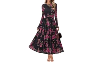 MEROKEETY Women's Long Sleeve Fall Wedding Guest Dress 2025 Crewneck Floral Flowy Mesh Cocktail Maxi Dresses