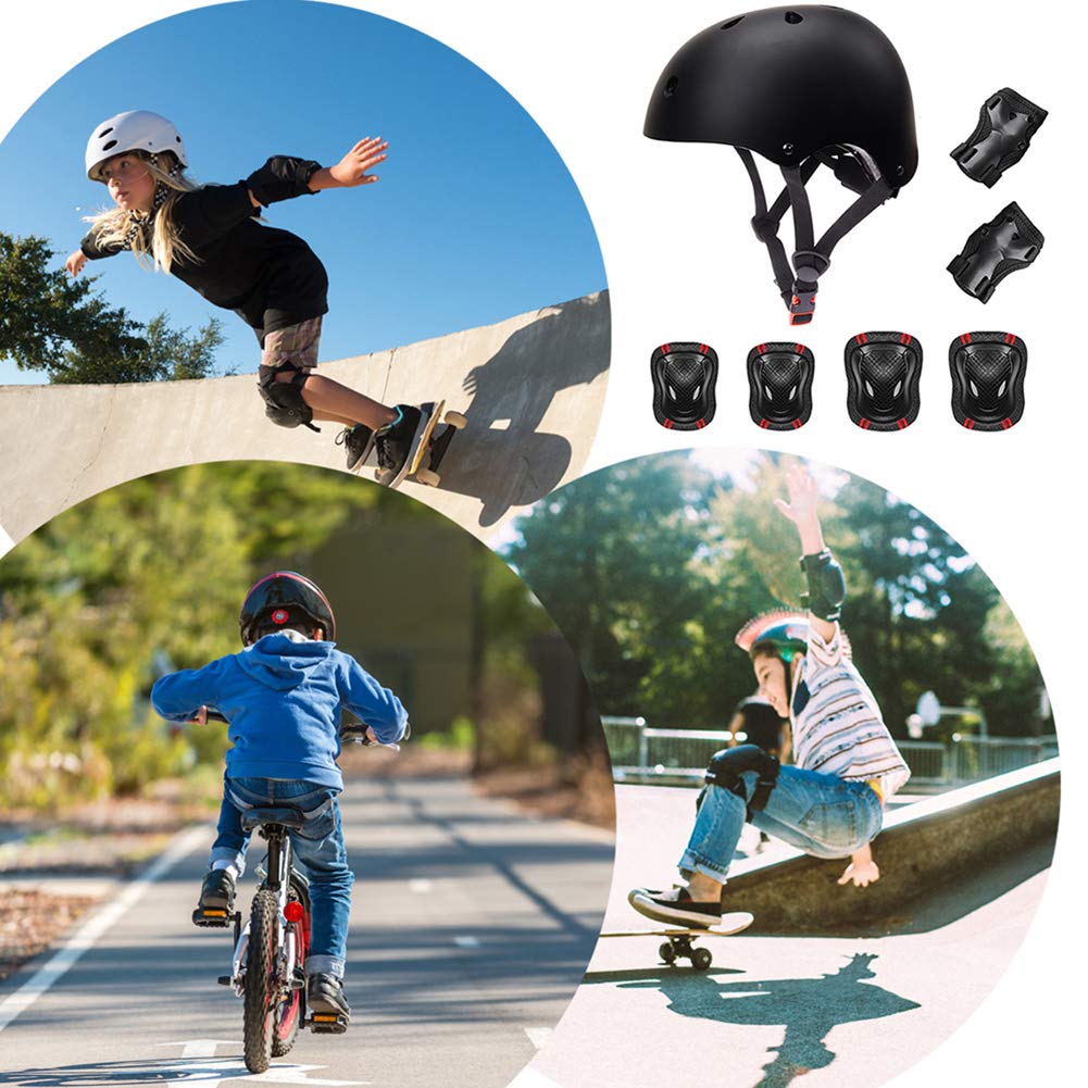 Kids Adjustable Helmet Sports Protective Gear Set Knee Elbow Wrist Pads for Roller Bicycle Bike Skateboard and Other Extreme Sports Activities (Black)