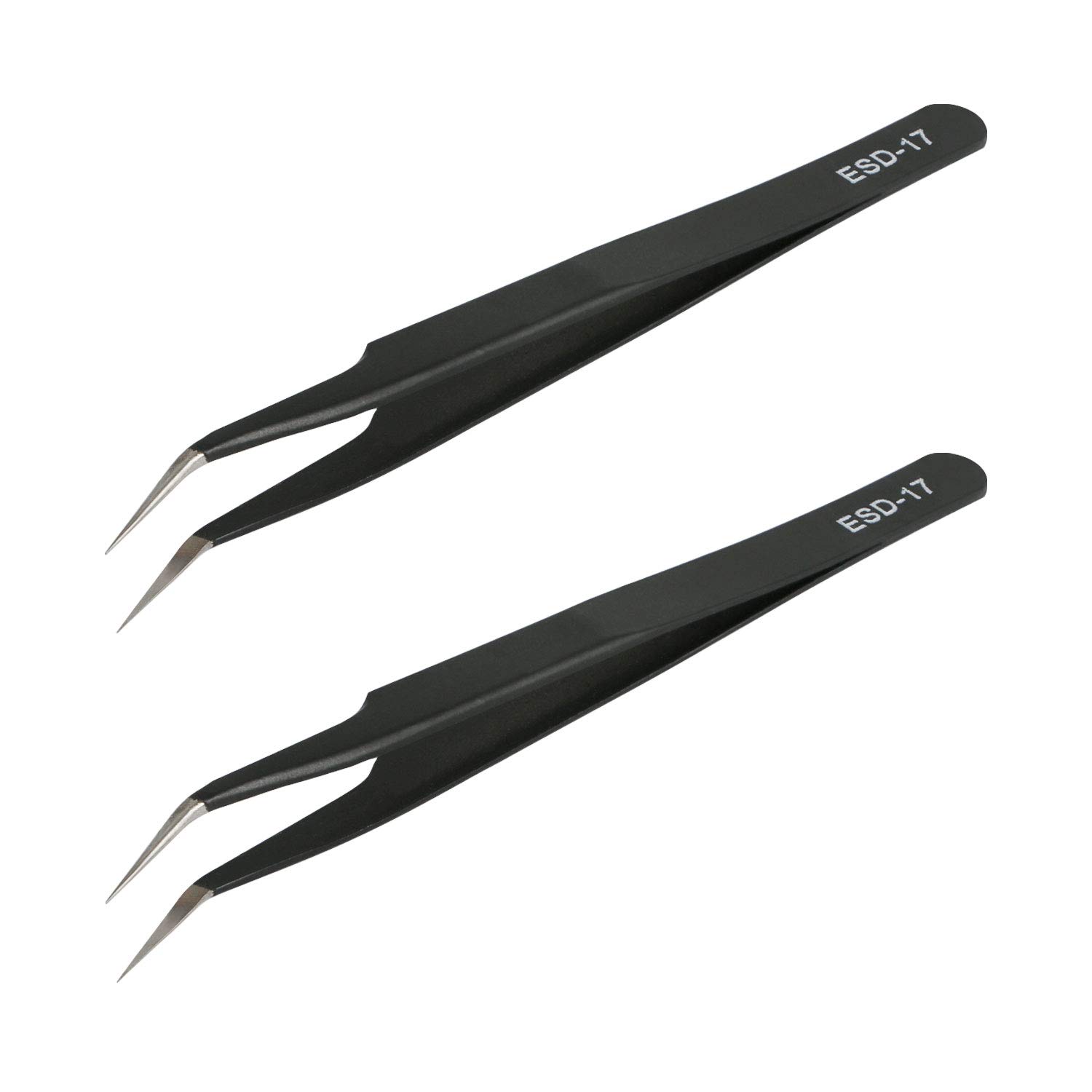 Aoje-Link ESD-17 Professional Anti-Static Precision Technology Tweezers, Non-Magnetic Fine Tip Curved, Stainless Steel Plastic Coated, Full Length 125mm, Black, 2pcs