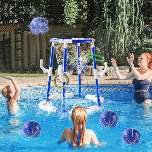Uniiking® Pool Basketball Hoop Toys for Adult, Summer Outdoor Swimming Pool Games Water Play Toys Family Party for Kids, 2 in1 Pool Basketball Hoop & Ring Game with 4 Balls 12 Rings & Pump, Blue