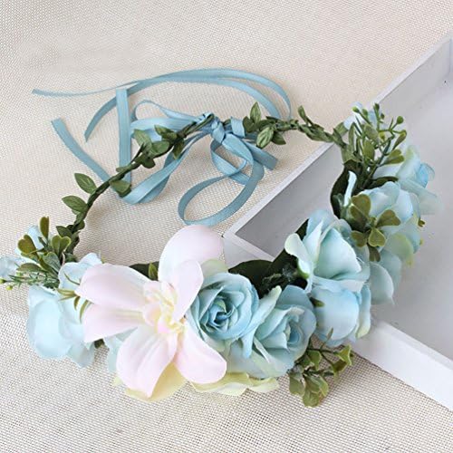 Sunrisee Flower Headband Artificial Floral Crown Wreath with Adjustable Ribbon for Wedding Festivals, Blue