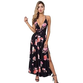 Zarupeng Damen Bodycon Jumpsuit, Tiefes-V Rückenfrei Halfter Blumen Druck Overall Ärmelloses Strandkleid Clubwear Lose Croppe