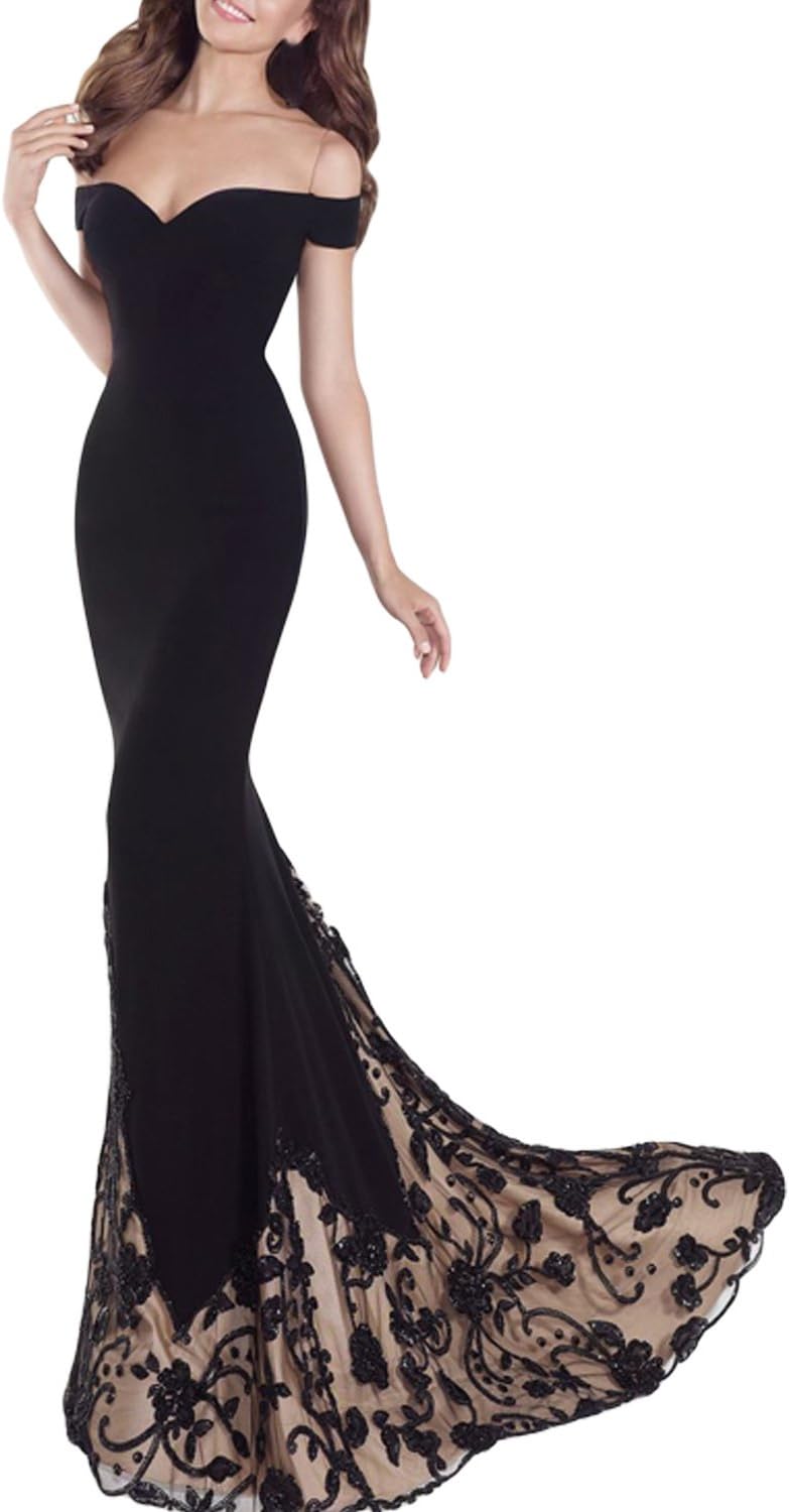 SeasonMall Women's Prom Dresses Mermaid Off The Shoulder Spandex & Tulle Dresses (Custom Fee, Black)
