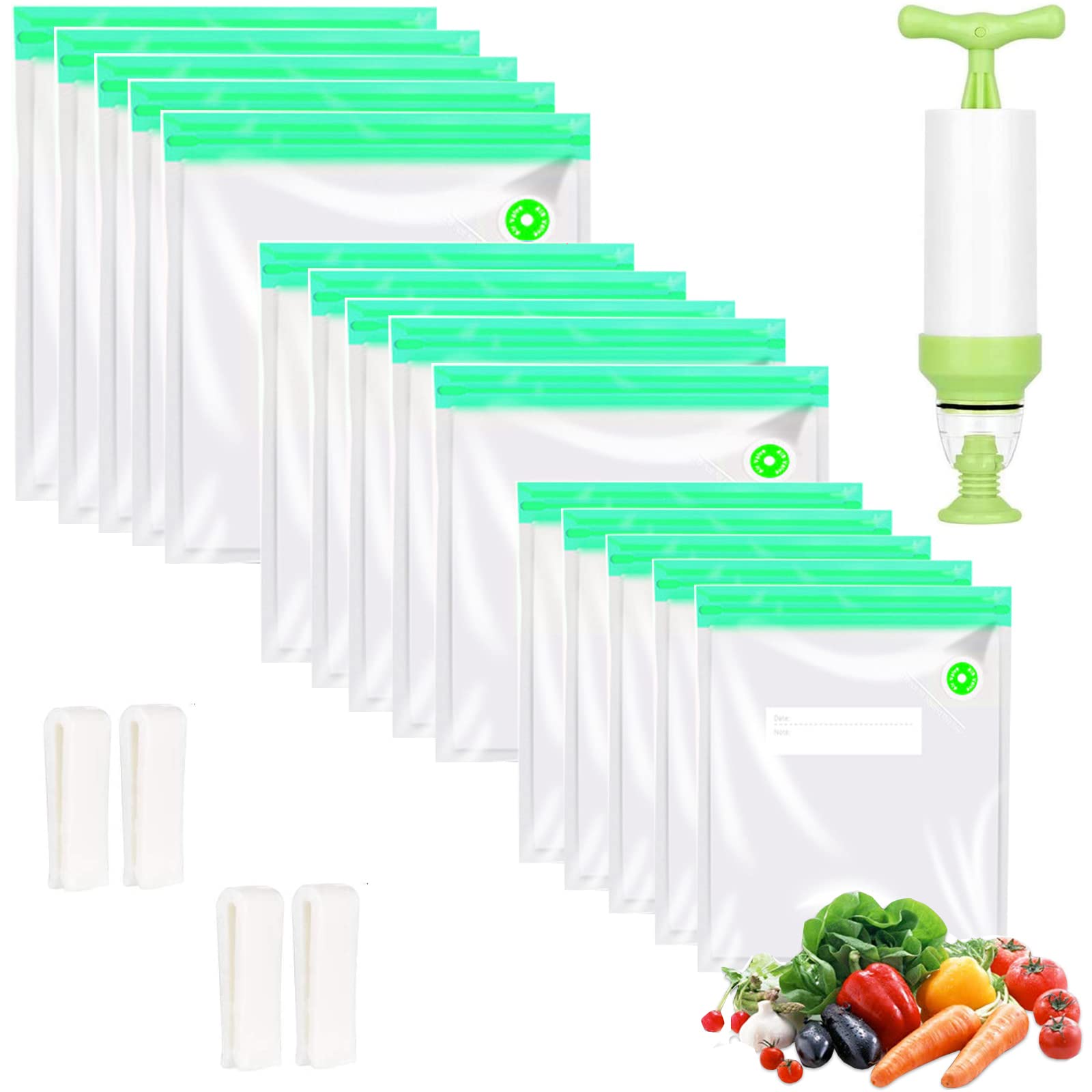 Photo 1 of Sous Vide Bags 20pack Reusable Vacuum Food Storage Bags with 3 Sizes Vacuum Food Bags,1 Hand Pump,4 Sealing Clips for Food Storage and Sous Vide Cooking (Green Kit)