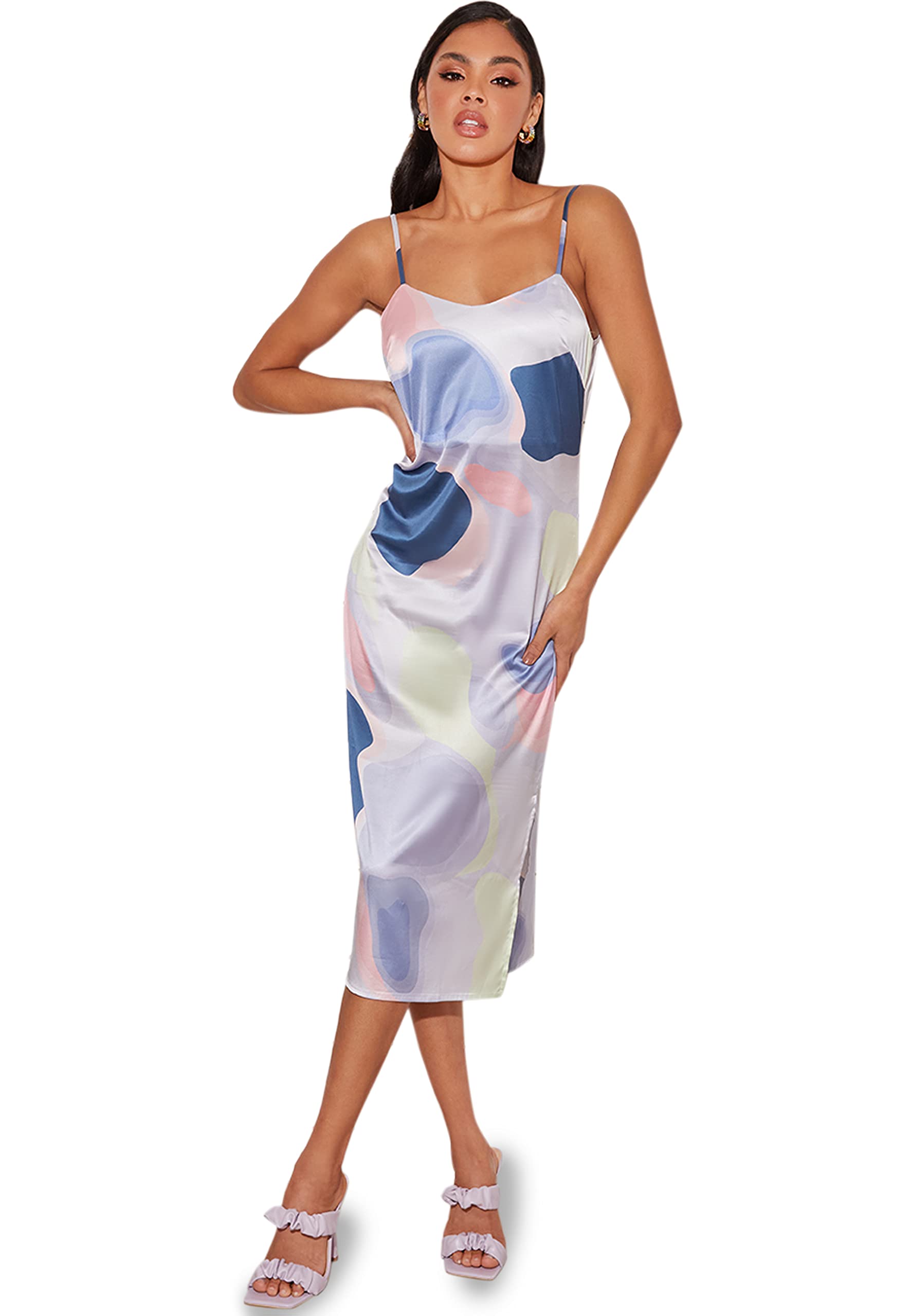 Chi Chi London Women's Abstract Printed Slip Midi Dress in Multi Special Occasion, 6