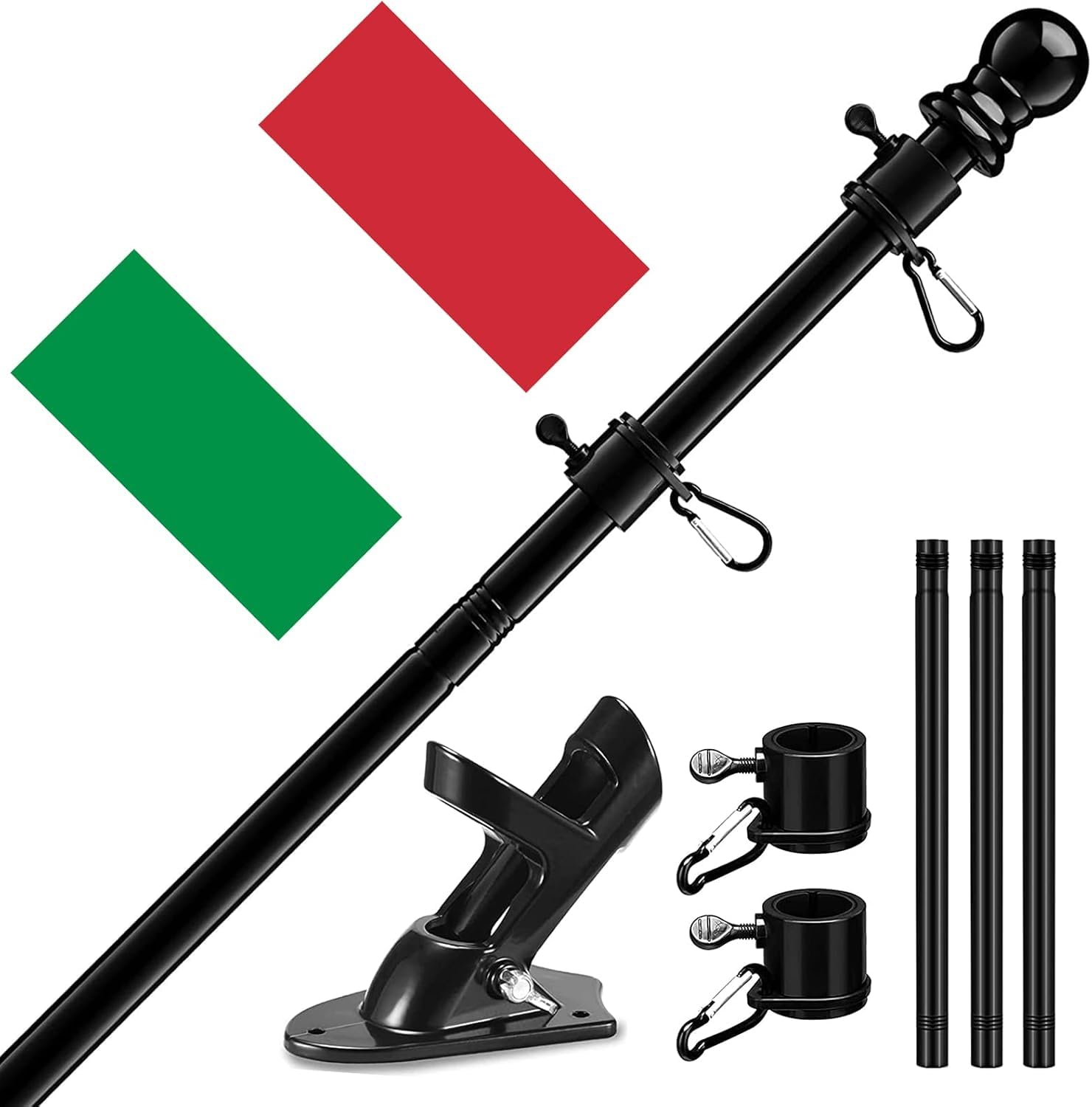 Black Aluminium Flagpole Silver with 180 cm Stainless Steel Flagpole Holder, Stainless Steel Flag Pole Kit with Holder with Rotating Rings / Including 150 x 90 cm Italian Flag