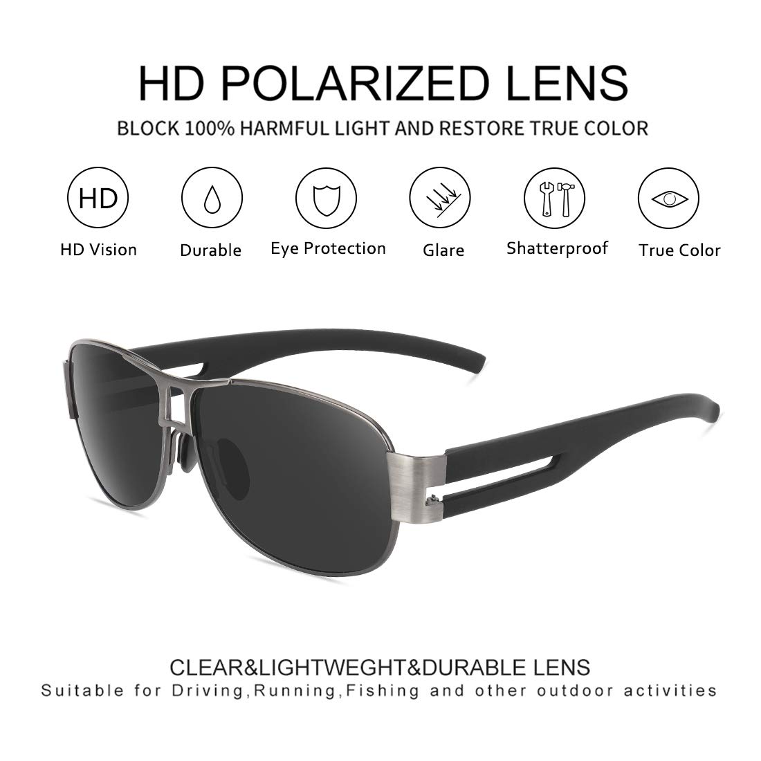 WOWSUN Classic Aviator Military Polarized Driving Sunglasses For Men | Ultralight Frame with 100% UV400 Protection Lens (Black Lens Gun Grey Frame)