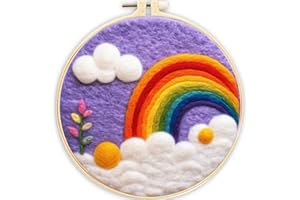 Hlison Needle Felting Kit Beginner, Rainbow Needle Felting Wool Kits with Needles, Foam Pad, Felt Coth, Frame and Video Instructions - 8“x8”