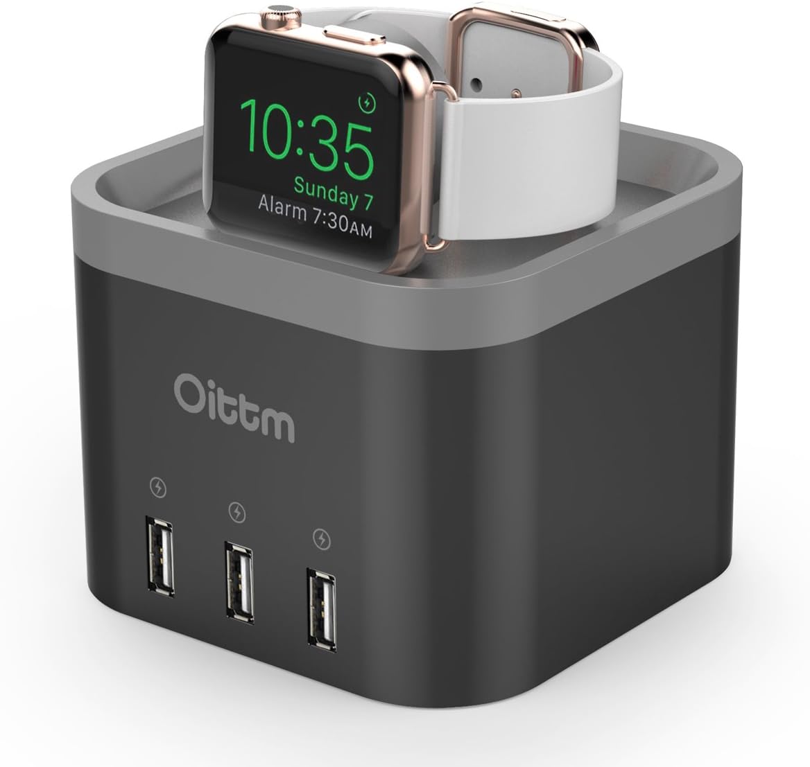 Oittm [Nightstand Mode Charging Stand for Apple Watch Series 2/Series 1/Nike+, 4-Port USB 3.0 Hub Charging Dock Station Cable Management for iPhone 7/7 Plus/SE, iPad, Samsung (Black)