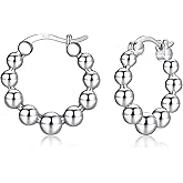 Nupdot Gold Chunky Hoop Earrings for Women | Thick 925 Sterling Silver Post Beaded Ball Huggies Earrings Lightweight Hypoallergenic Hoops Jewelry Gifts, 10/12/15mm