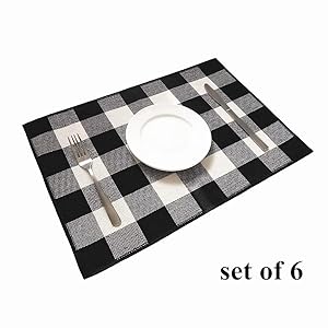 Ukeler Placemats Set of 6 - Buffalo Check Plaid Placemats 100% Cotton Crossweave Plaid Woven Placemats Washable Decorative Heat Insulation Kitchen Table Mats, Black and White