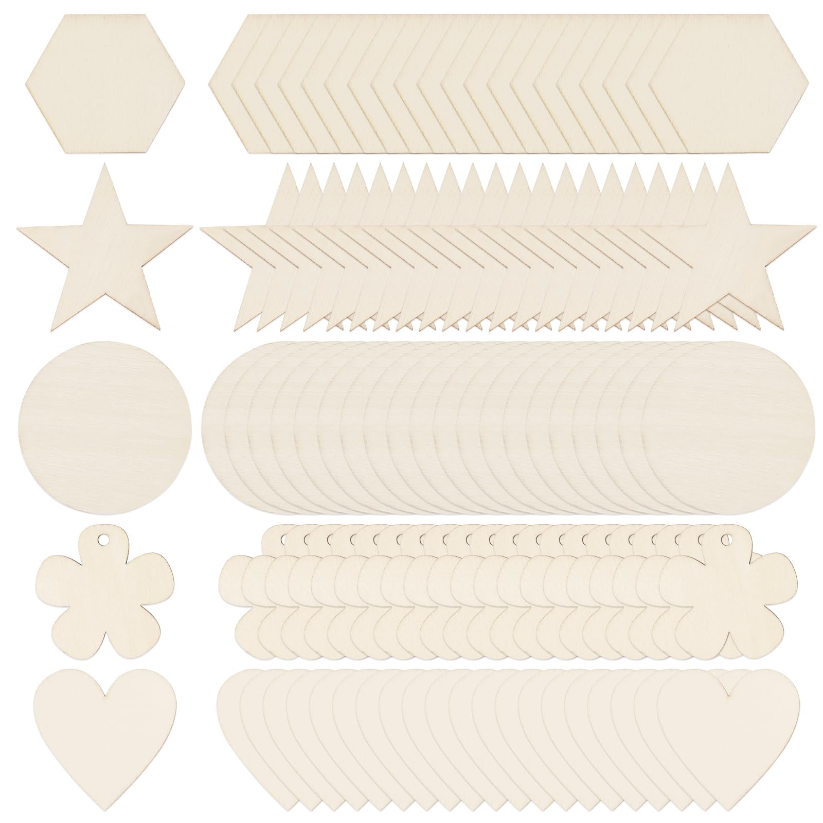 Swpeet 200Pcs 5 Style Wooden Circle/Star/Flower/Heart/Hexagon Cutouts Assortment Kit，Blank Wood Stars Slices, Wooden Flower Ornament, Wooden Shaped Embellishments Slices for Crafts Christmas Wedding