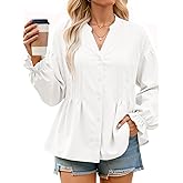 Cicy Bell Womens Button Down Shirts Pleated V Neck Puff Long Sleeve Dressy Tops Loose Fit Casual Cute Blouse