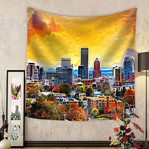 Qushuguang Custom tapestry Portland Oregon Downtown City During Sunset in the Fall Season Abtract Painting - Fabric Wall Tapestry Home Decor