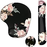 MOSISO Wrist Rest Support for Mouse Pad&Keyboard Set, Curved Peony Ergonomic Mousepad&Coaster Non-Slip Base Home/Office Pain Relief&Easy Typing Cushion with Neoprene Cloth&Raised Memory Foam, Black