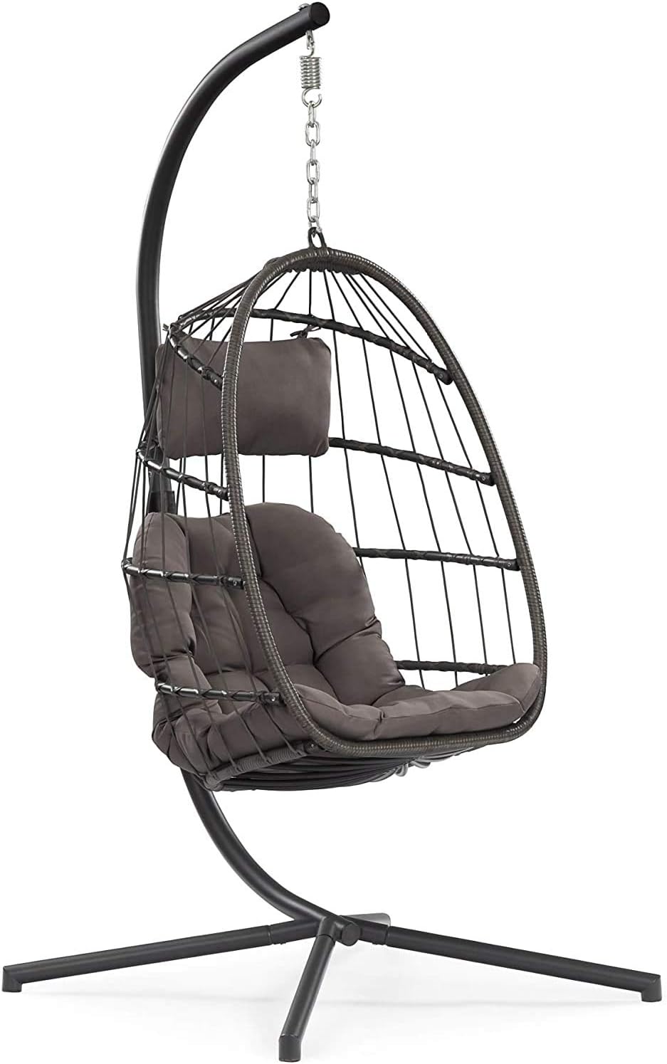 wicker hanging egg chair on Patio Dining Chairs Egg Chair With Stand Indoor Outdoor Patio Wicker Hanging Chair Aluminum Frame Swing Chair Patio Egg Chair With Uv Resistant Dark Grey Cushion Patio Furniture Accessories