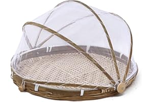 Hand Woven Round Food Basket with Mesh Cover - Covered Serving Tent for Vegetables, Fruits, Bread - Home Food Storage (1)